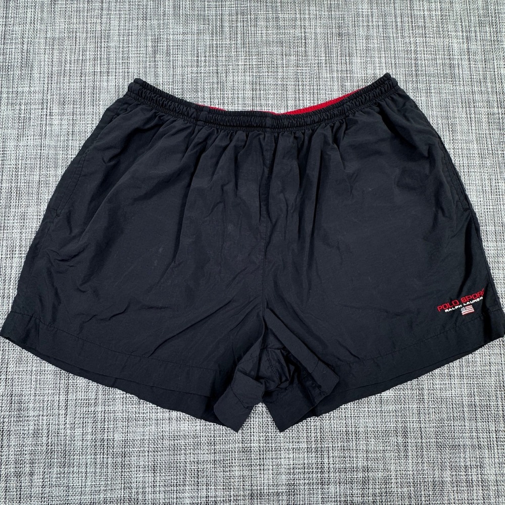 Vintage Polo Sport Ralph Lauren Mens Nylon Athletic Shorts Black XL Flag Logo